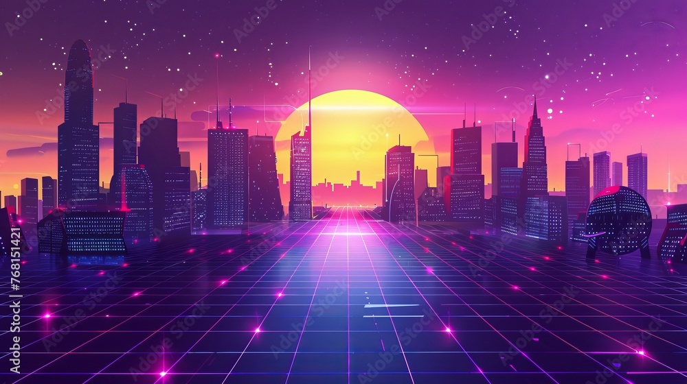 Futuristic evening cityscape against a sunset background, with bright and glowing neon purple and blue lights, depicted in a cyberpunk and retro wave style illustration.