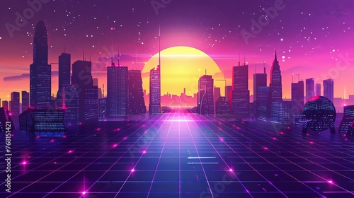 Futuristic evening cityscape against a sunset background, with bright and glowing neon purple and blue lights, depicted in a cyberpunk and retro wave style illustration.