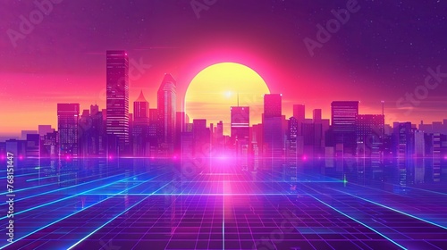 Futuristic evening cityscape against a sunset background, with bright and glowing neon purple and blue lights, depicted in a cyberpunk and retro wave style illustration.
