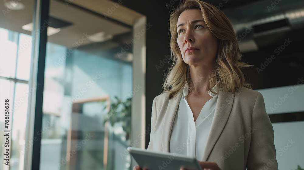 A radiant businesswoman commands attention with her confident stance and vibrant presence  beside the windrow Standing tall in the sleek confines of her modern office. 