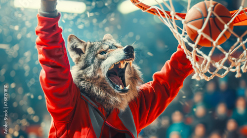  Wolf Character Slam Dunking a Basketball in an Energetic Stadium Scene