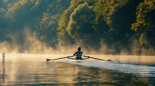 As the first light of dawn breaks across the tranquil landscape, a rowing athlete commences a training session on a serene lake nestled amidst dense forest.  photo