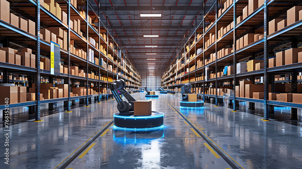 Automated Warehouse with Robotic Arms Sorting Packages Automated Warehouse with Robotic Arms Sorting Packages