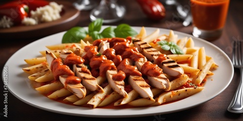 Penne Pasta with Grilled Chicken and Tomato Sauce.  A close-up photo of a white plate piled high with penne pasta, grilled chicken, and a rich tomato sauce. The dish sits on a light colored