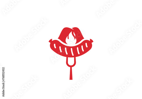 cowboy hat with fire sausage combination logo. restaurant, bbq, food symbol design teplate