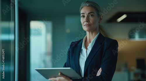 The glow of her digital tablet pad illuminating her features as she exudes professionalism and determination, her gaze fixed on the copy space ahead. photo