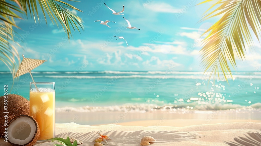 Obraz premium Summertime Beach Scene with Refreshing Drinks and Coconut Trees