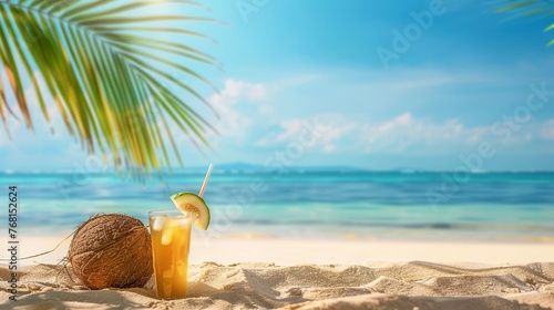 Summertime Beach Scene with Refreshing Drinks and Coconut Trees © Cyprien Fonseca