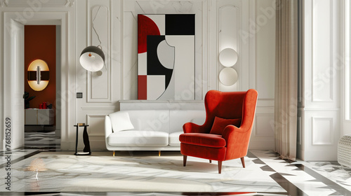 A bright room showcases a red wingback chair and white sofa in harmony with the suprematist-style interior