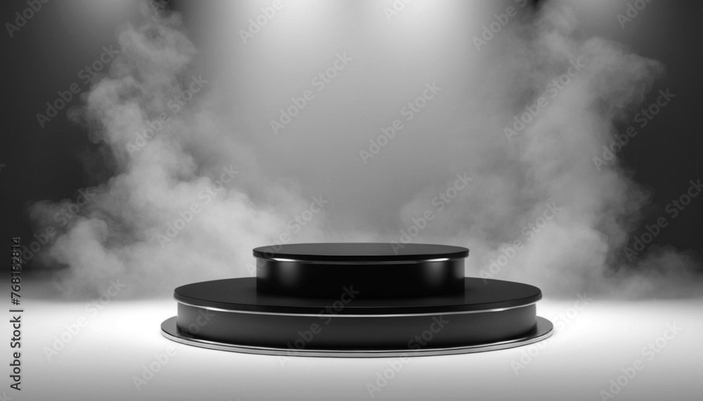 Polished perfection 3d round black glass podium with metal border cinematic smoky environment, smoky platform base pedestal stand