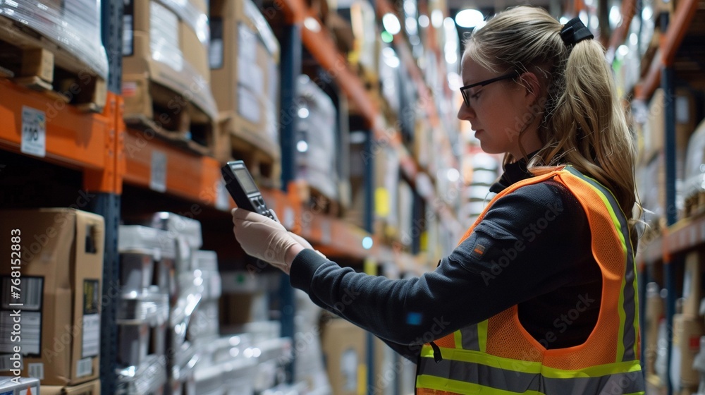 Efficient Inventory Management: Female Warehouse Worker Using Barcode Reader