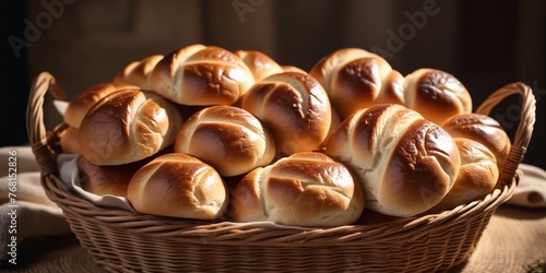 Basket Overflowing with Dinner Rolls on a Wooden Table. A round wicker basket overflowing with soft dinner rolls sits on a light colored wooden table.