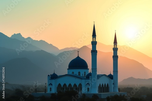 A photograph capturing a large white building with a distinctive blue dome standing against clear blue sky, The serene setting of a mosque at sunrise with backdrop of mountains, AI Generated