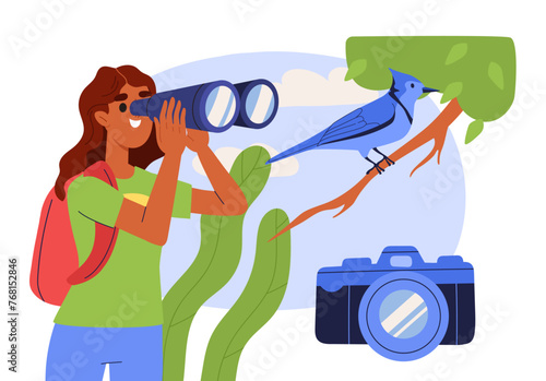 Woman looks at bird. Young girl with binoculars and camera look at blue bird. Ornithologist monitors wildlife. Tropical and exotic fauna and flora. Cartoon flat vector illustration