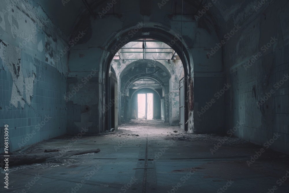 A dimly lit tunnel with a bright light shining at the far end, creating a stark contrast between darkness and illumination, Time portal opening in a deserted military installation, AI Generated