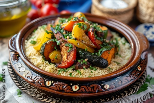 A Plate of Food With Rice and Vegetables, Traditional Moroccan tagine with couscous and grilled vegetables, AI Generated