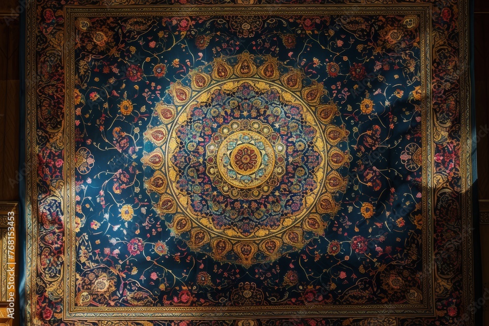 A tapestry depicting a scene is hanging from the ceiling of a room, adding visual interest and character, Universe-themed backdrop with ornate Islamic decorations framing the edges, AI Generated