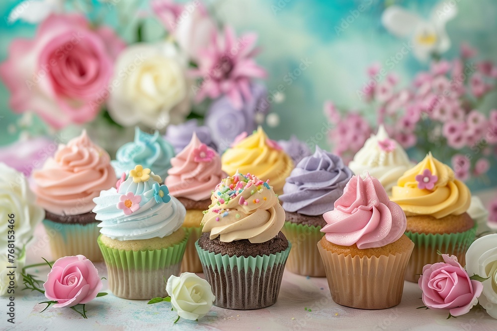 Colorful Cupcakes and Flowers on Pastel Background
