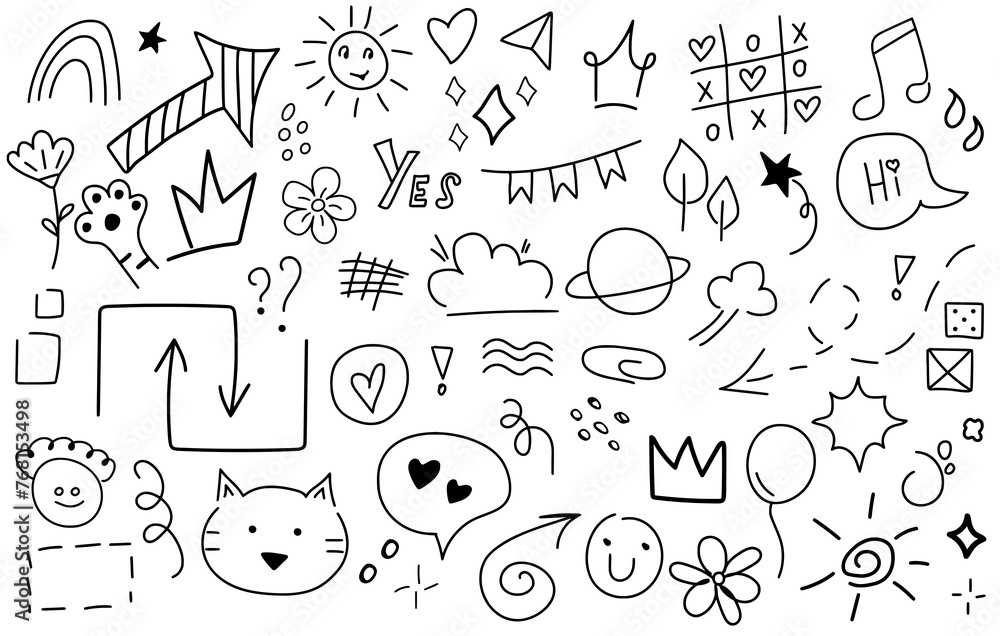 Big set of hand drawn doodle elements. Line art. Crowns, hearts, stars, flowers, sparkles, arrows, lightnings, smiley, signs and other funny design elements іsolated on white background. 