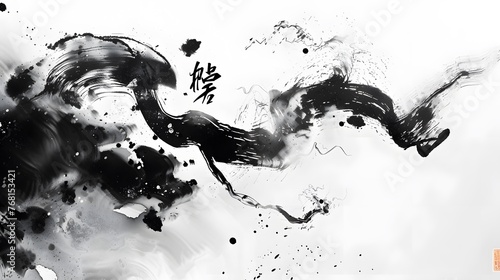 Black ink wash painting of a landscape with Japanese oriental style.