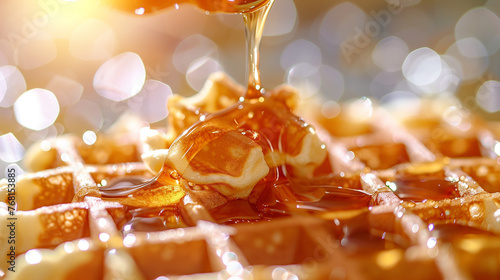 freshly baked waffles close up texture with maple or golden syrup