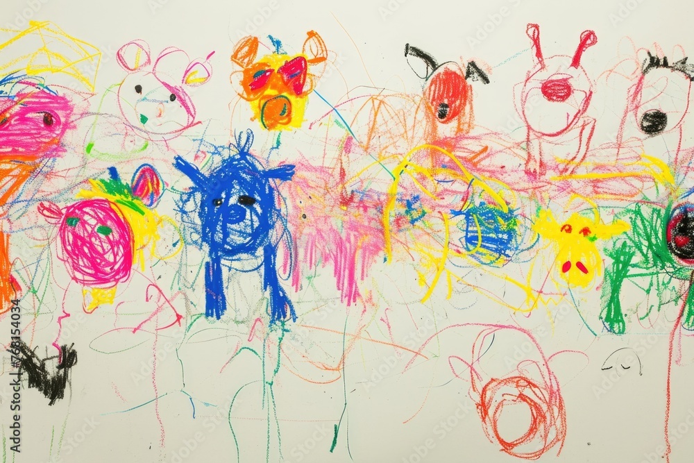 The hand drawing colourful picture of the group of the various type of the animal that has been drawn by the colored pencil or chalk on the white background that seem to be drawn by the child. AIGX01.