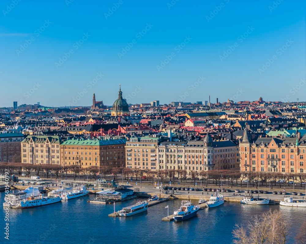 Stockholm old town - Ostermalm, next to Gamla stan. Aerial view of Sweden capital. Drone top panorama photo