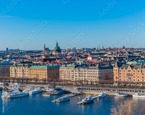 Stockholm old town - Ostermalm, next to Gamla stan. Aerial view of Sweden capital. Drone top panorama photo