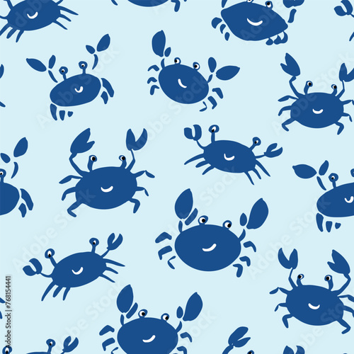 Vector repeating pattern with funny navy crabs on light blue background. Coastal, swim, poolside, crab seafood restaurant backdrop