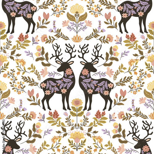 Seamless pattern with folk art design elements. Folk vector illustration with deer and flowers on a dark background. Scandinavian traditional motif