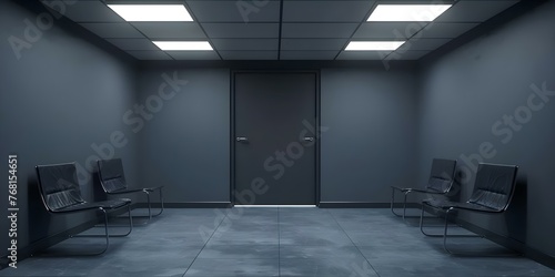 Empty police interrogation room used by law enforcement to interview witnesses often depicted in fictional AI scenarios. Concept Police Interrogation Room, Witness Interviews