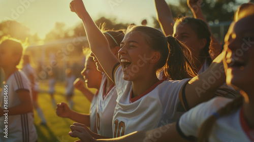 Against the backdrop of the soccer pitch, a spirited group of young female athletes erupts into euphoric celebration. photo