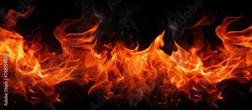 A large fire is roaring and blazing in the darkness, illuminating the surroundings with its intense flames. The fire burns fiercely, casting a bright light against the black backdrop.