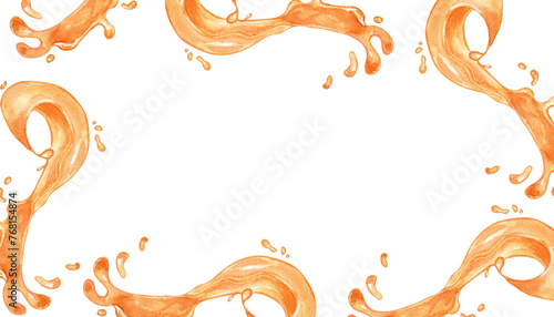 Board of watercolor orange splash juice of fruits illustration isolated on white. Mango, pineapple liquid hand drawn. Design element for packaging, menu, label, drink, ice-cream, tableware