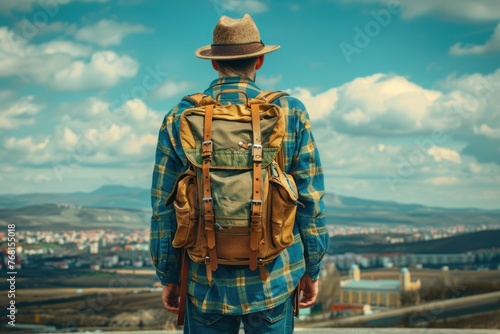 A man wearing a hat and a plaid shirt is standing on a hill with a backpack. The sky is blue and there are clouds in the background. The man is enjoying the view and taking in the scenery, viewed from