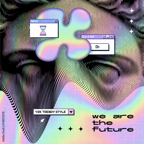 Vaporwave futuristic cyberpunk distorted face of antique statue. Synthwave style poster with Vibrant holographic melting figures and old PC pop up. Trendy retro wave design. Vector illustration.
