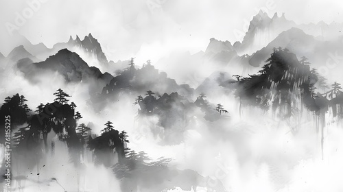Black ink wash painting of a landscape with Japanese oriental style.