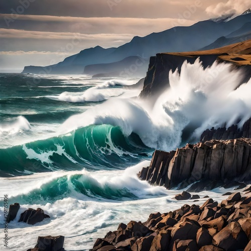 rashing waves against rugged cliffs, with distant mountains providing a majestic backdrop to this coastal spectacle