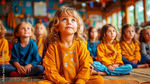 Group of small nursery school children sitting and listening to teacher on floor indoors in classroom, their eyes wide with curiosity as she unfolds a colorful storybook. photo