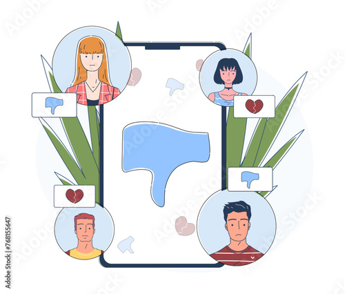 Haters online simple. Men and women avatars at smartphone screen. Cyberbullying and insults on messengers and social networks. Stress, depression and frustration. Doodle flat vector illustration
