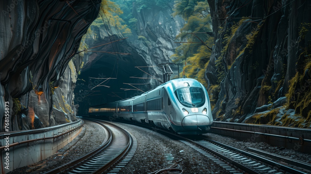 Naklejka premium High-Speed Train Passing Through Forest Tunnel