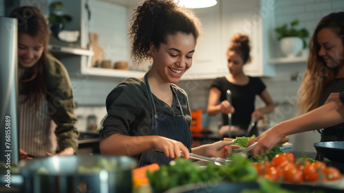 Inside a bustling, open-plan kitchen flooded with natural light, a young woman leads her friends in a culinary adventure, surrounded by gleaming countertops.