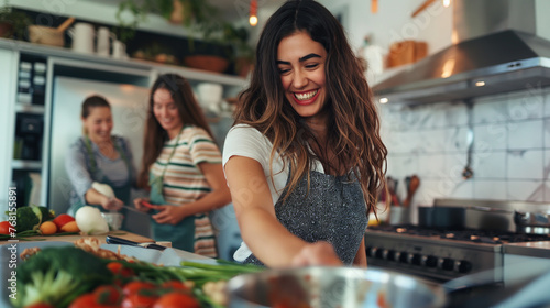 A young woman enthusiastically prepares food with her friends in a modern kitchen, laughter and chatter filling the air as they chop vegetables, stir pots, and share cooking tips. photo