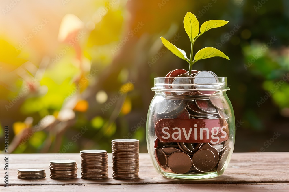 Jar filled with coins symbolizes savings for thrilling travels Jar filled with coins symbolizes savings for thrilling travels