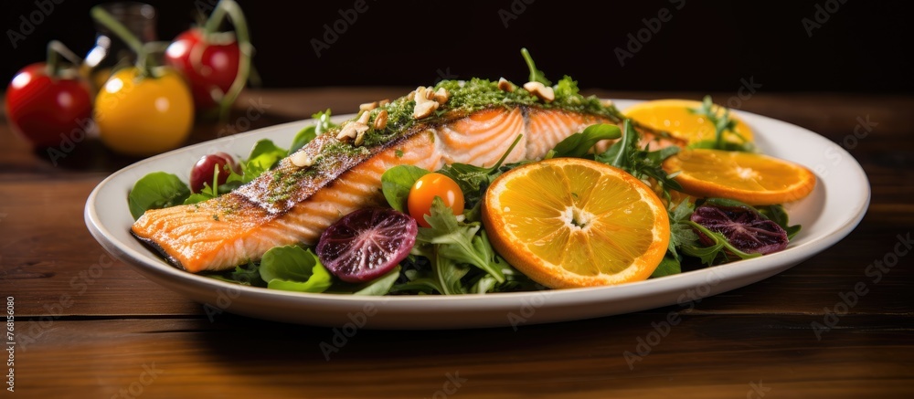 A white plate holds grilled Wild Alaskan salmon topped with vibrant orange slices, creating a colorful and nutritious dish. Accompanied by mixed greens, cashews, tomatoes, sesame seeds, and a drizzle A white plate holds grilled Wild Alaskan salmon topped with vibrant orange slices, creating a colorful and nutritious dish. Accompanied by mixed greens, cashews, tomatoes, sesame seeds, and a drizzle