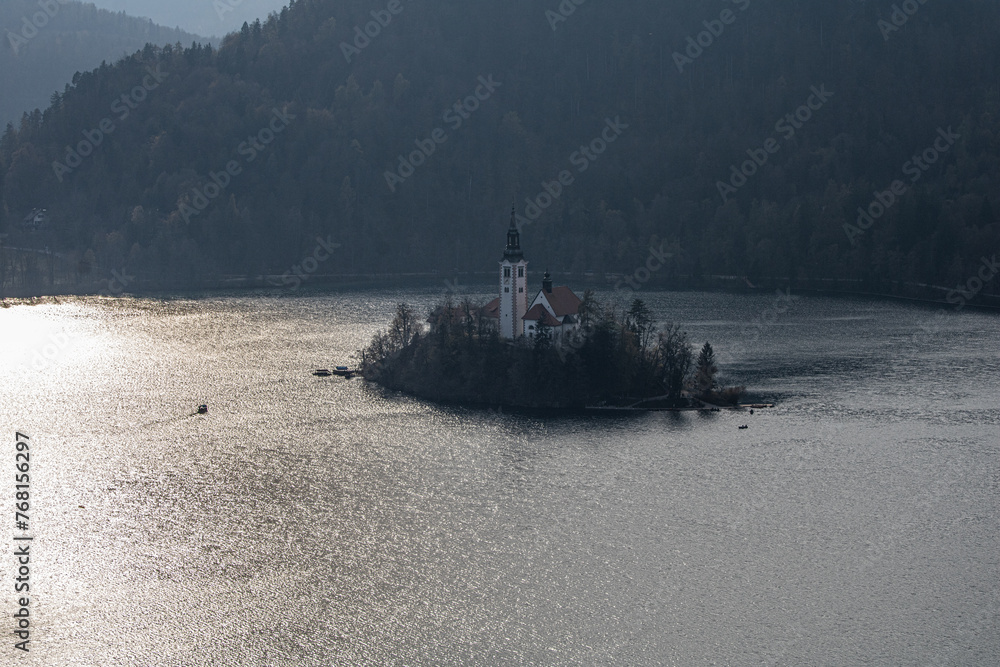 church in middle of the lake