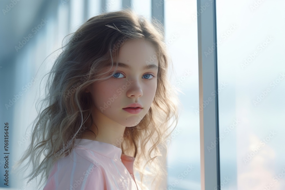 Portrait of a young Innocent teen girl looking at camera, mirror background. Generative AI. Portrait of a young Innocent teen girl looking at camera, mirror background. Generative AI.