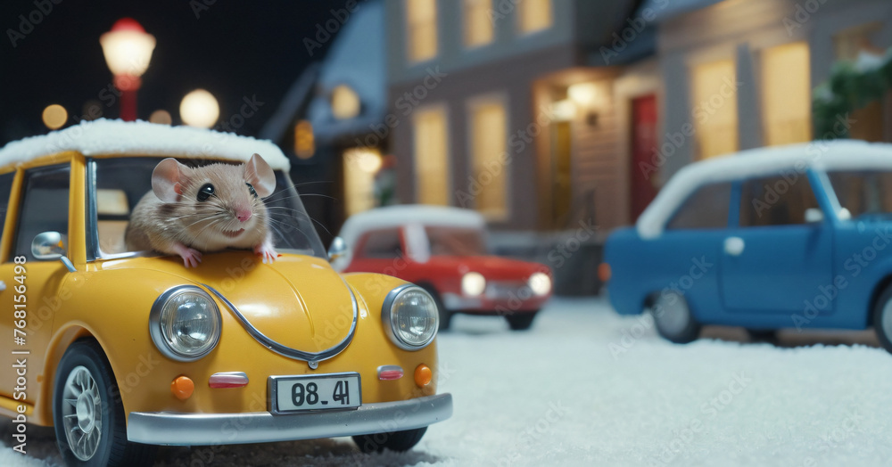 Cartoon cute mouse in a retro car in a winter city. Christmas illustration