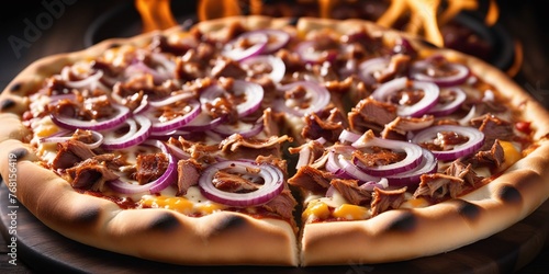 Rustic Pizza with Caramelized Onions and Bacon. A close-up photo of a round pizza with a browned crust on a wooden table. The pizza is topped with melted cheese, caramelized onions, and crumbled bacon