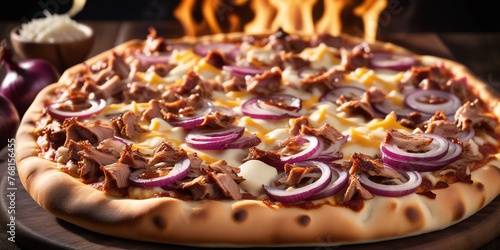 Rustic Pizza with Caramelized Onions and Bacon. A close-up photo of a round pizza with a browned crust on a wooden table. The pizza is topped with melted cheese, caramelized onions, and crumbled bacon